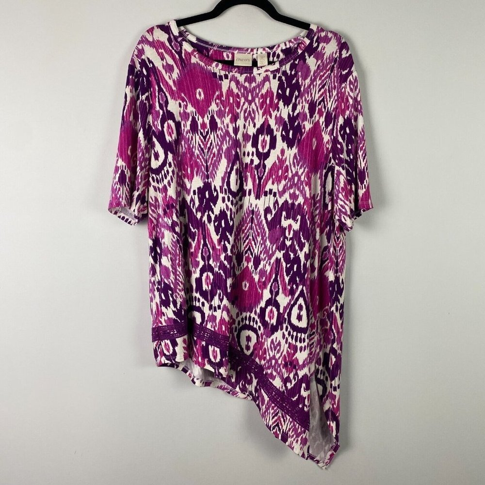 Chicos Asymmetrical Crochet-Hem Ikat Tunic Top Size 3P US PXL Half Sleeve